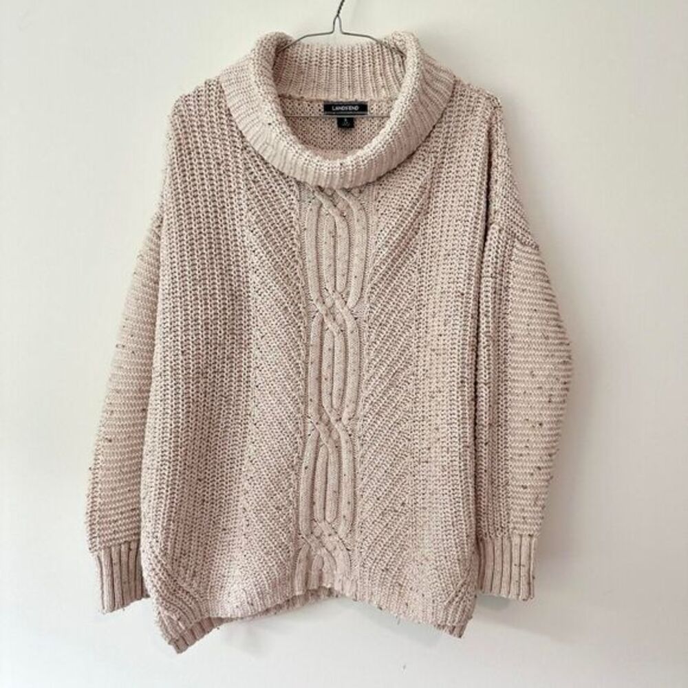 Lands' End Speckled Cable Knit Cowl Neck Chunky Sweater Size S Oatmeal